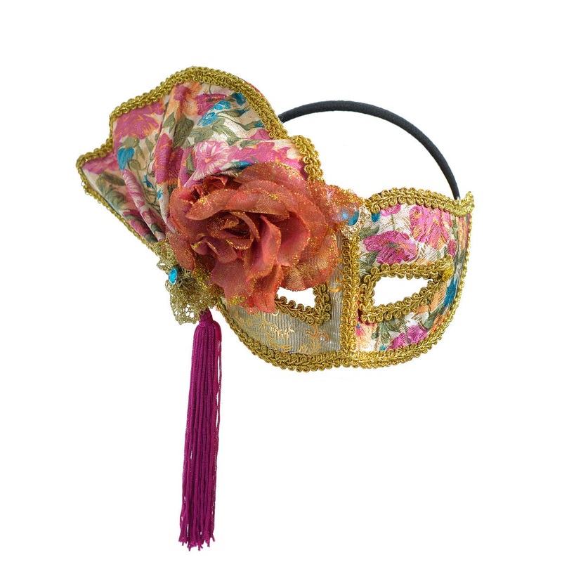 Side Fan Pink and Orange Brocade Masquerade Mask on Headband