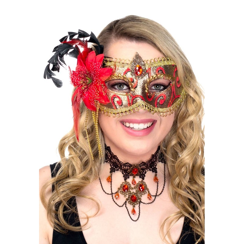Side Flower Red and Gold Brocade Deluxe Masquerade Mask