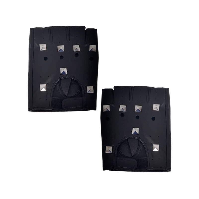 Studded Black Leather Look Fingerless Costume Gloves