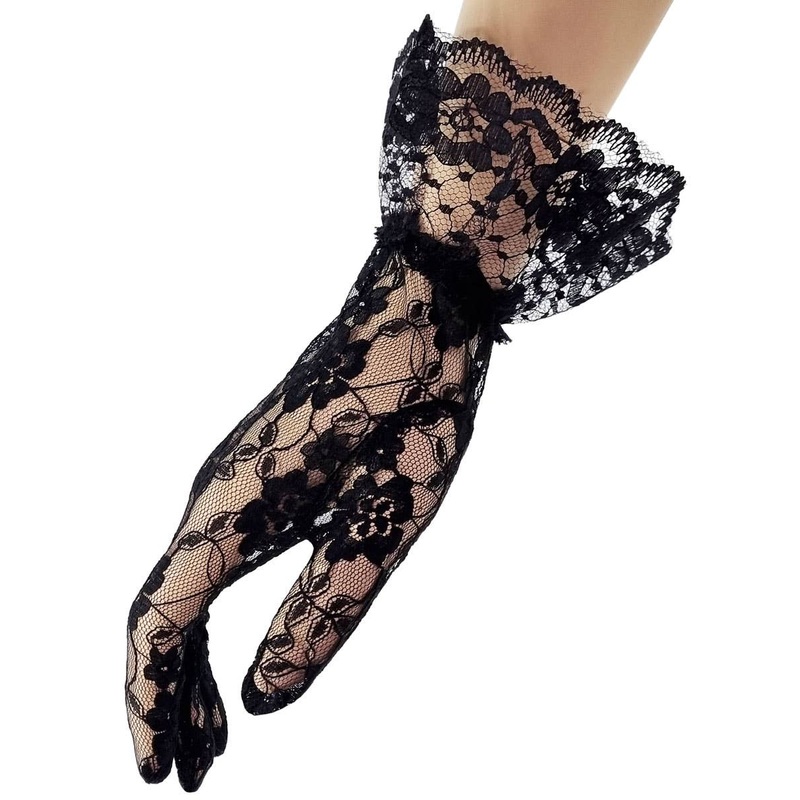 Wrist Length Black Floral Lace Costume Gloves