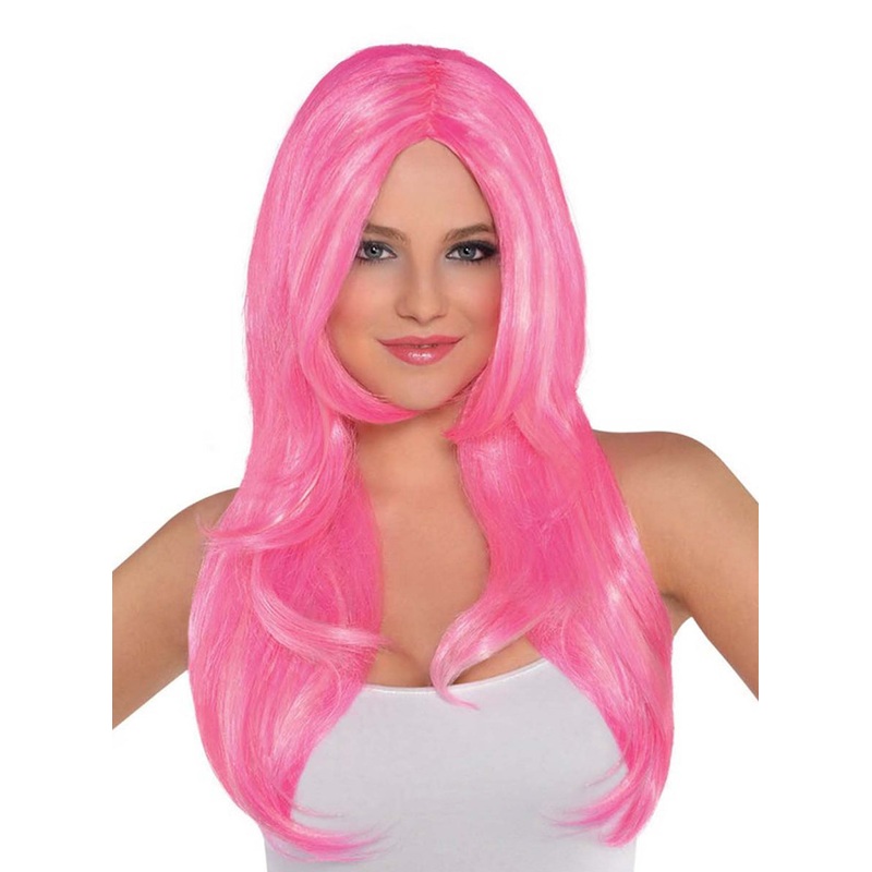 Candy Pink Womens Long Layered Costume Wig