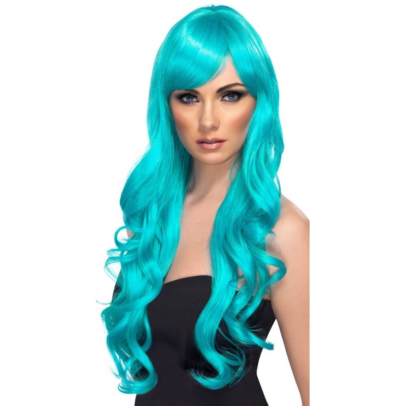 Desire Long Wavy Blue Womens Costume Wig With Side Swept Fringe