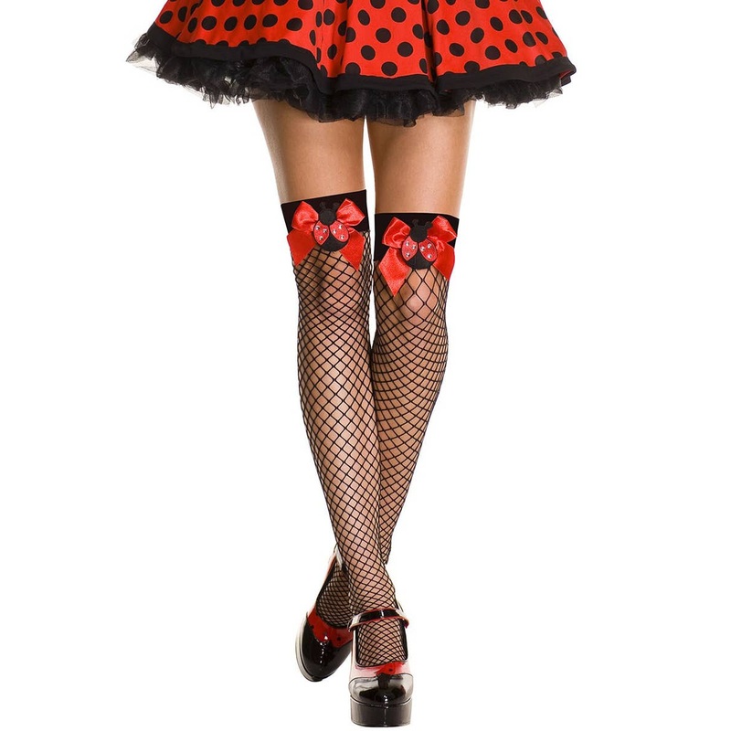 Lady Bug Black Thigh High Fishnet Stockings