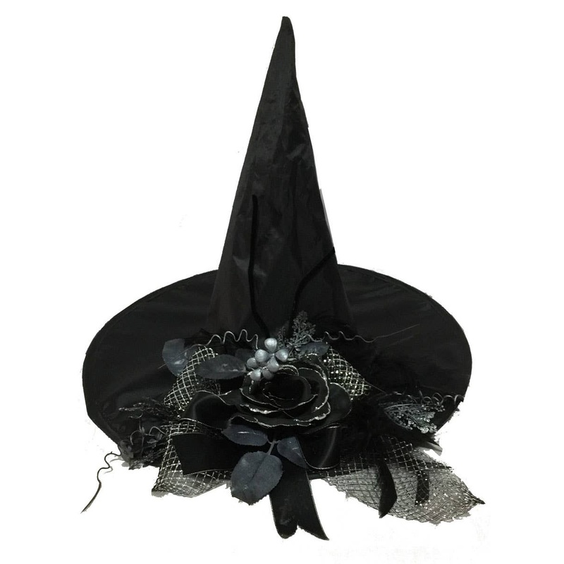 Lavish Black Witch Hat with Rose and Bow Embellishments
