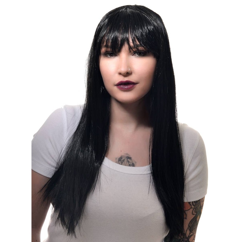 Long Womens Straight Black Costume Wig with Fringe