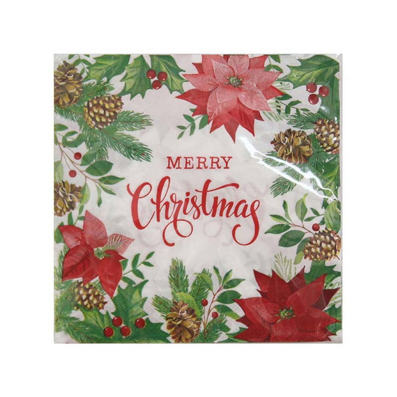 Merry Christmas Poinsettia Red and Green Flower 20 Pack Napkins