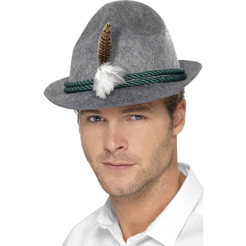 Oktoberfest Grey Mens Costume Hat with Feather