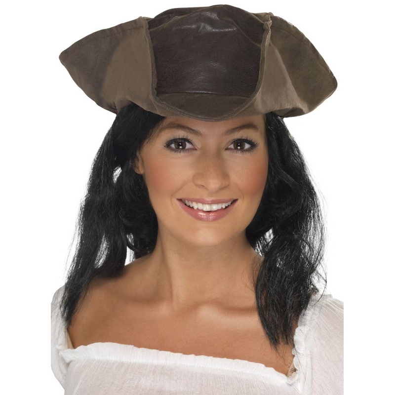 Pirate Captain Brown Leather Look Costume Hat with Hair
