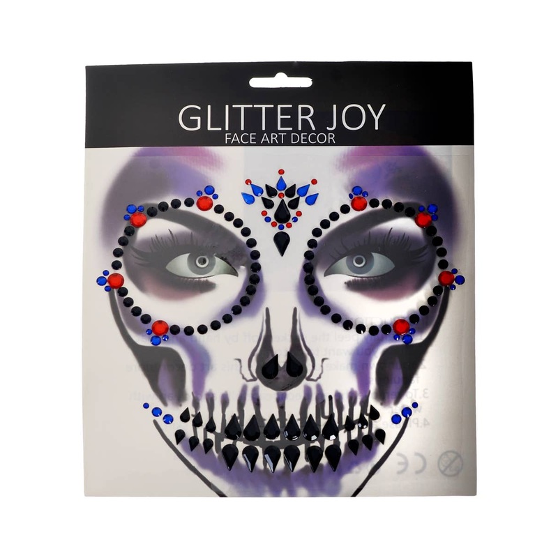 Sparkly Red Blue and Black Skeleton Halloween Face Jewels
