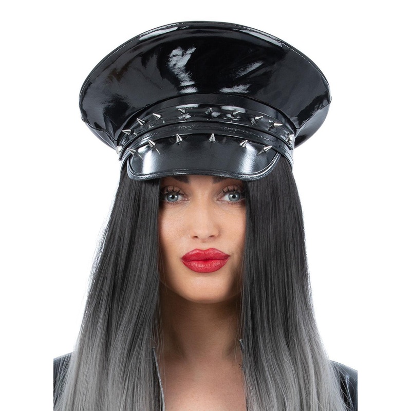 Spiked Black Wet Look Womens Captain Hat