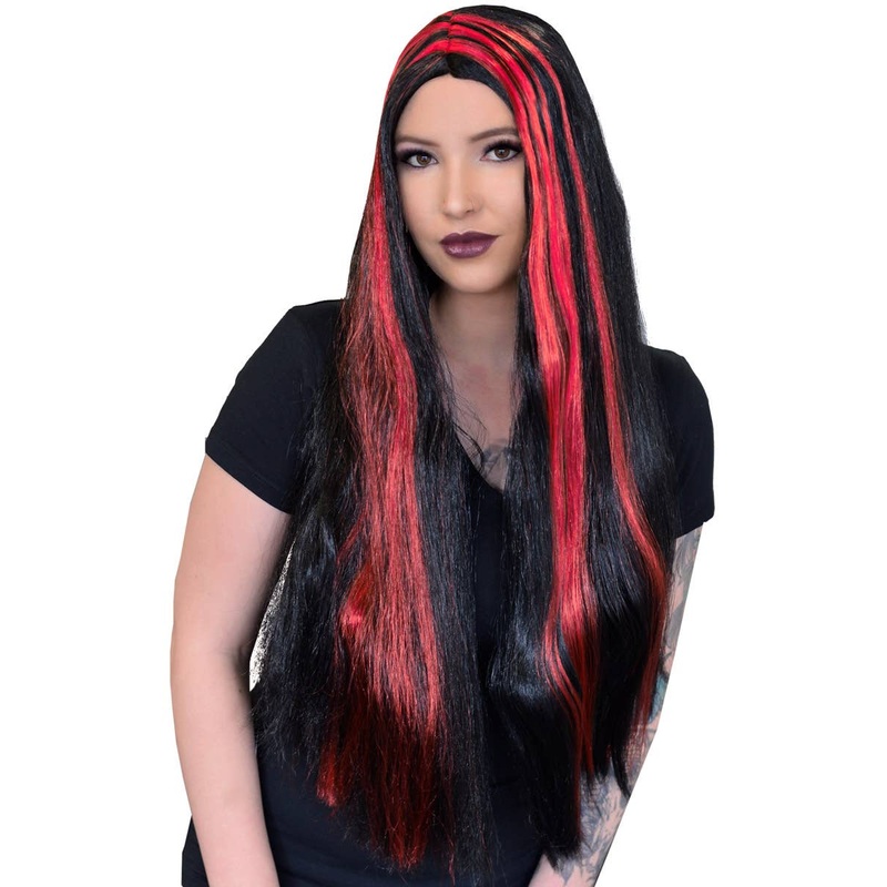 Streaked Black and Red Womens Halloween Costume Wig