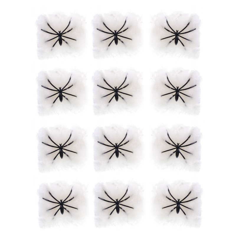 12 Pack Mini Black Spiders with Mini Webs Halloween Decoration