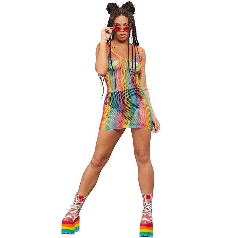 Fishnet Rainbow Pride Womens Costume Dress