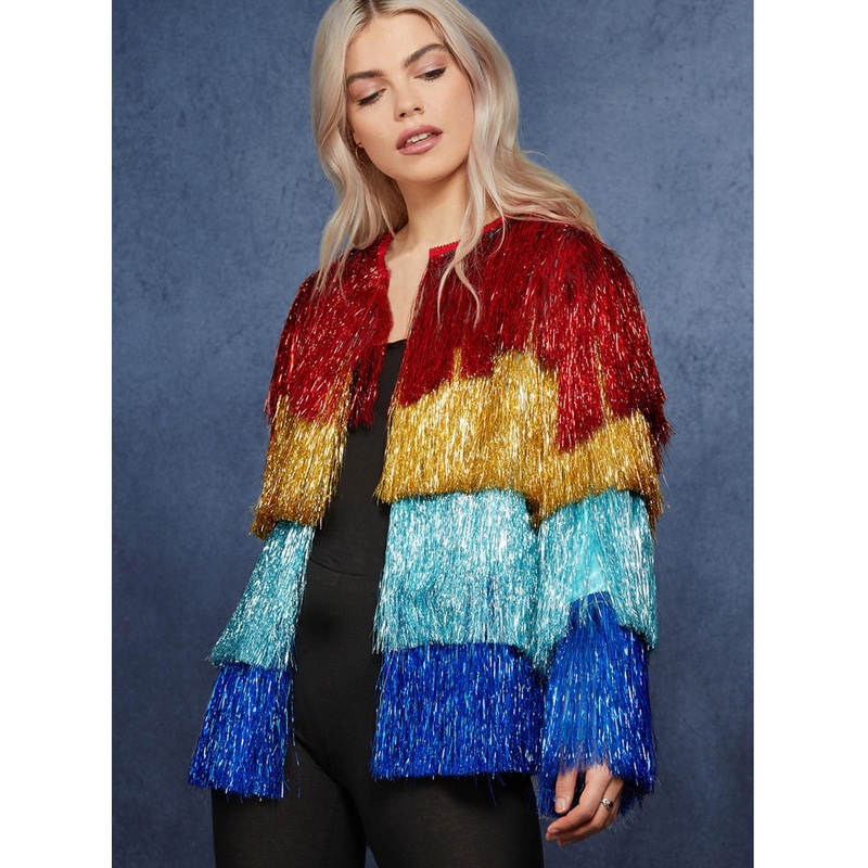 Striped Multicolour Womens Tinsel Festival Costume Jacket