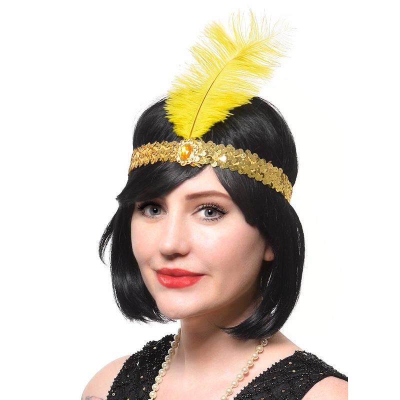1920s Gold Sequin Flapper Costume Headband with Large Feather