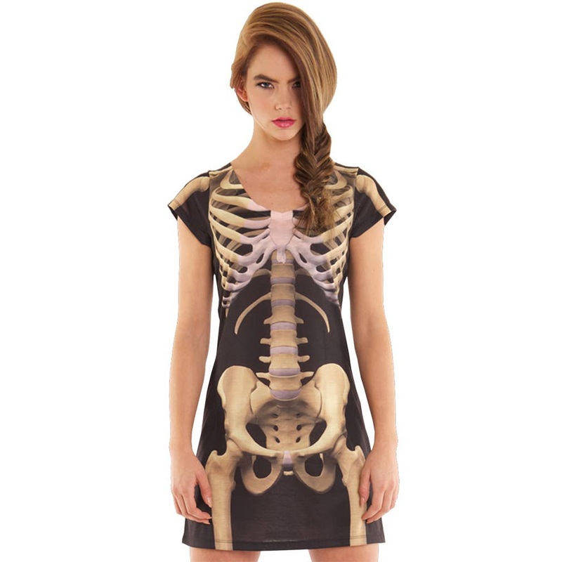 Faux Real Skeleton Print Womens Halloween Costume Dress