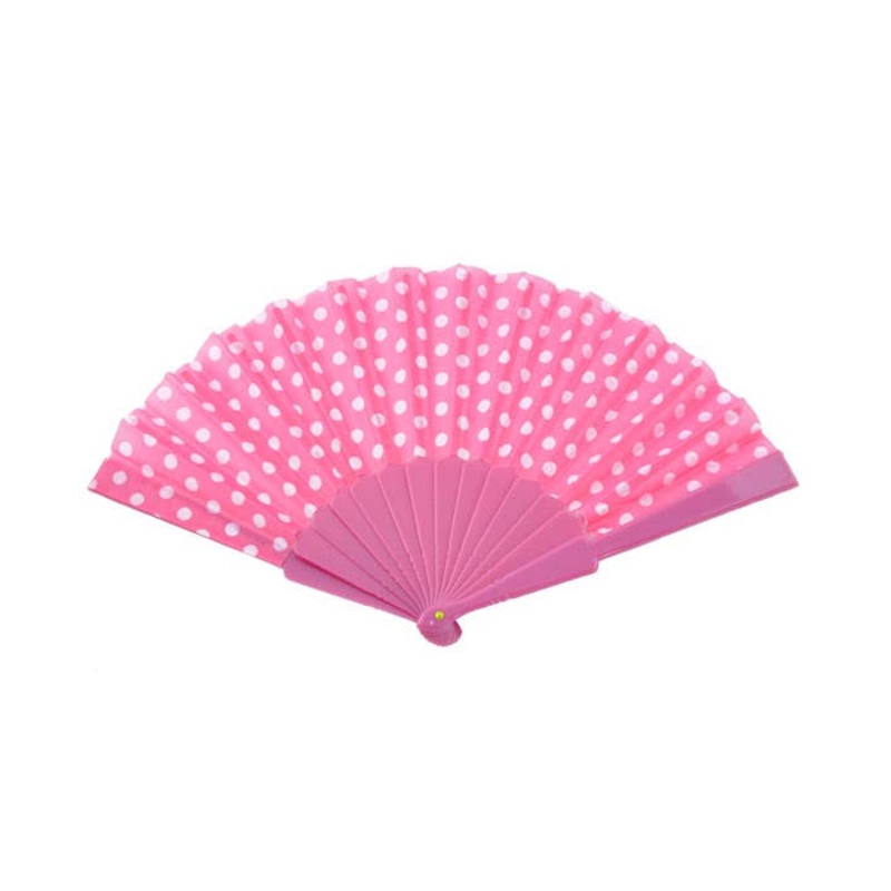 Hand Held Pink Costume Fan with White Polka Dots