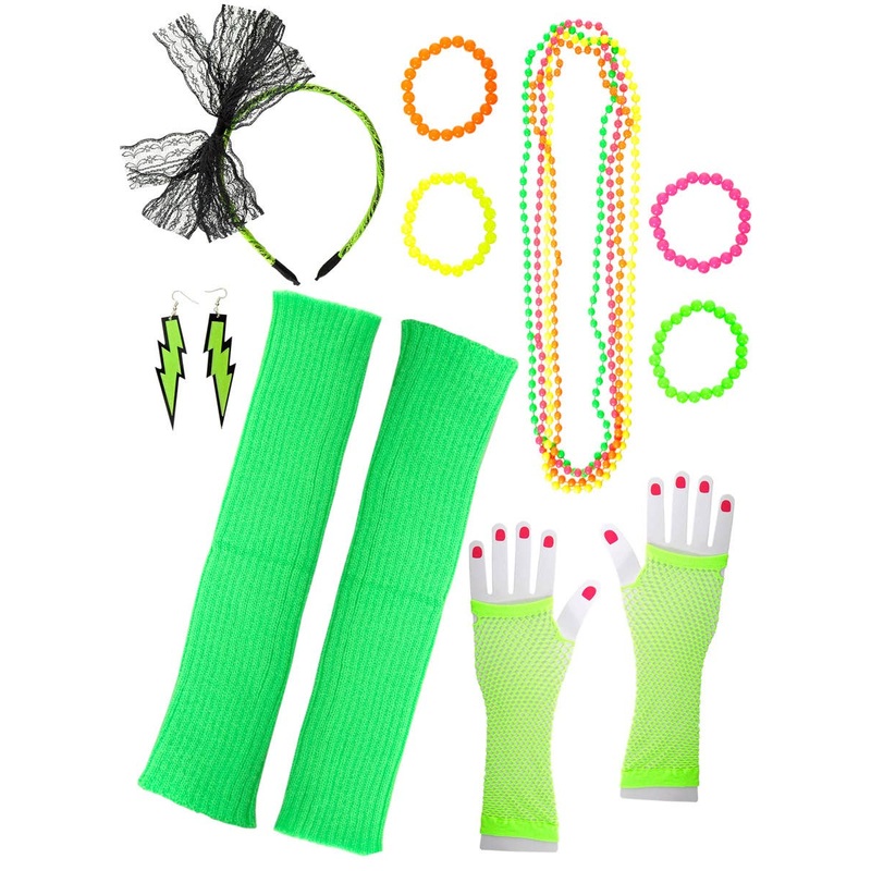 Neon Green 12 Piece 1980s Costume Accessory Set