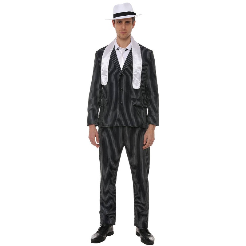 Pinstriped Black and White 1920s Gangster Mens Costume