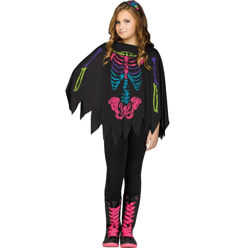 Rainbow Skeleton Bones Girls Halloween Costume Poncho
