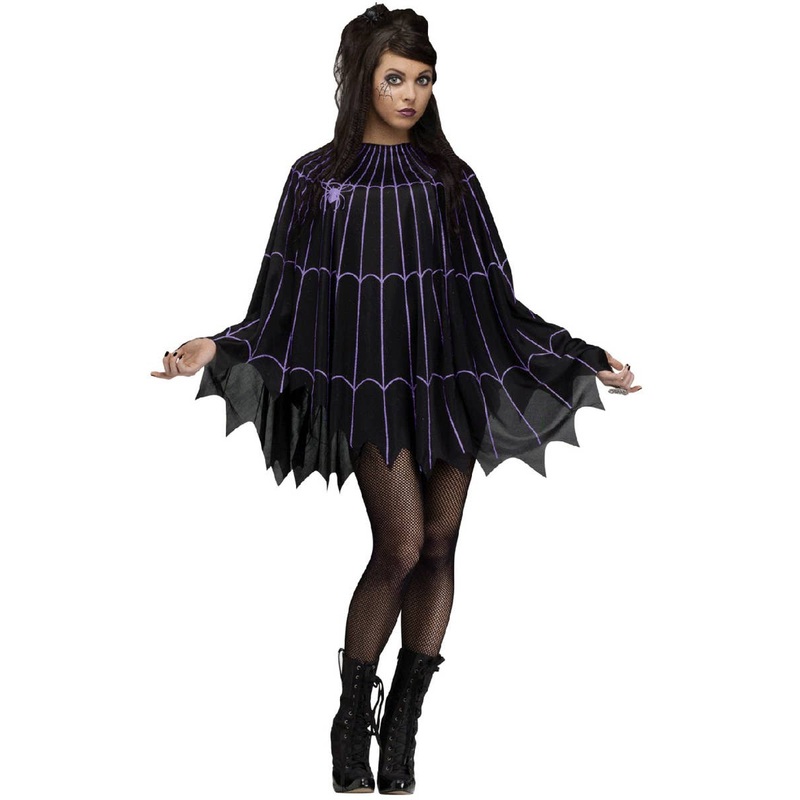 Spiderweb Print Black and Purple Halloween Costume Poncho