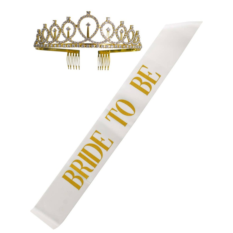 Bride To Be White Sash and Gold Tiara Set