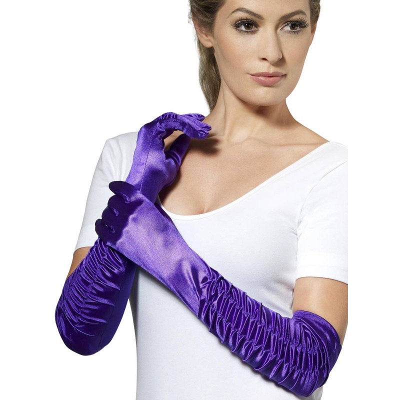 Long Purple Satin Side Ruche Costume Gloves