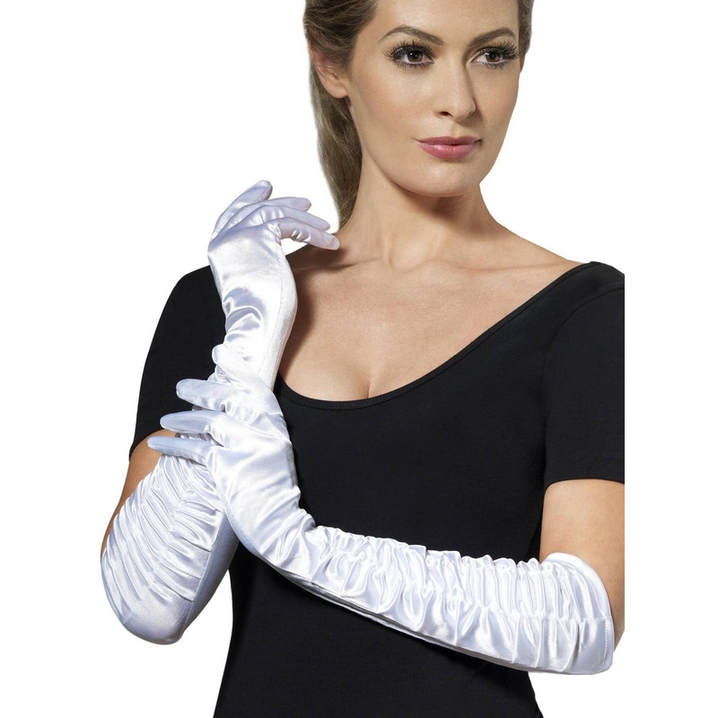 Long White Satin Side Ruche Costume Gloves