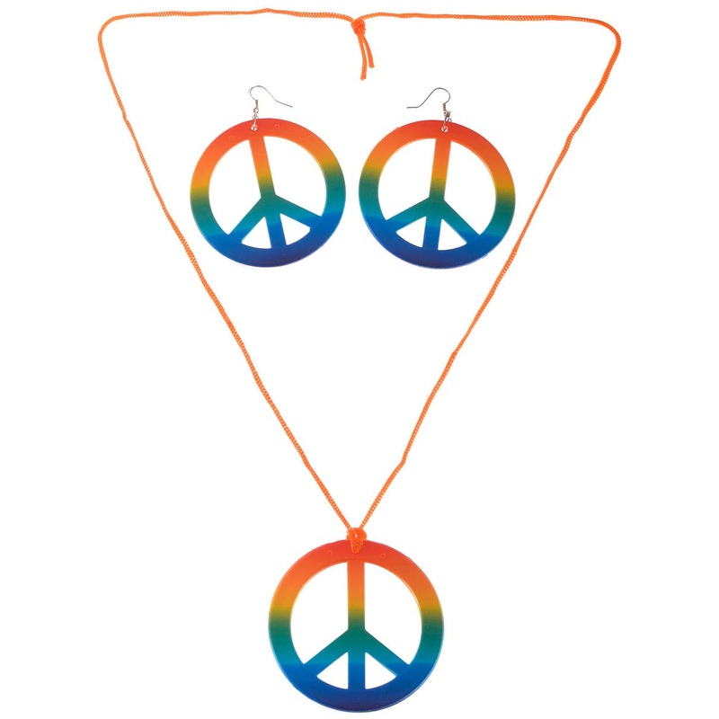 Rainbow Peace Hippie Necklace and Earrings 70s Jewellery Set