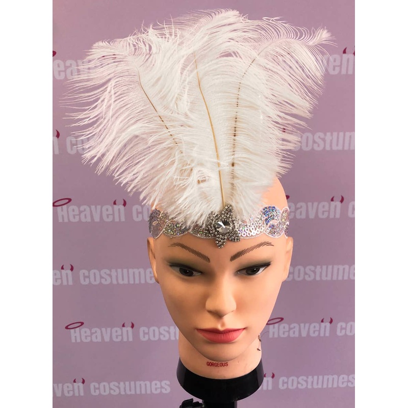 White Feather Headpiece With Sequin Band and Gem Flower