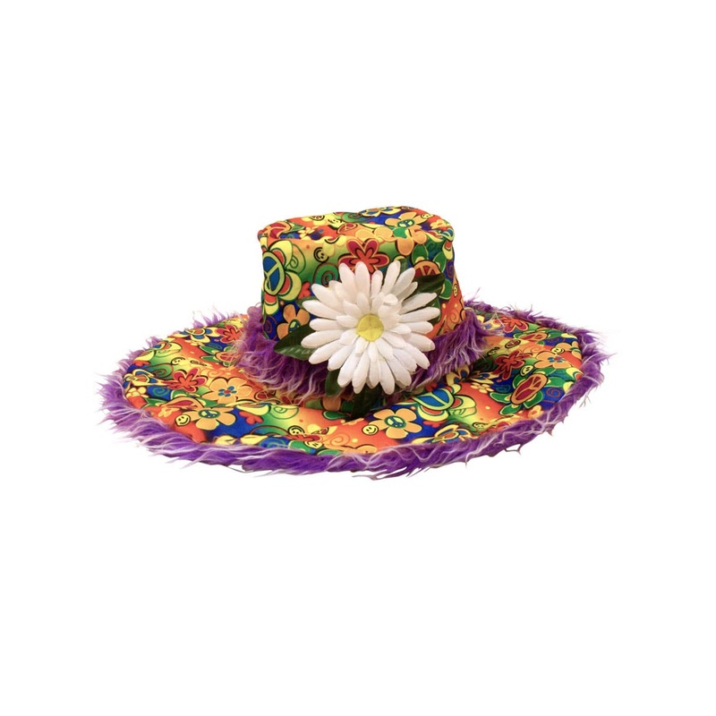 1970s Rainbow Hippie Costume Hat with Purple Fur Trim