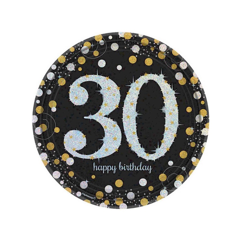 30th Birthday Black and Gold 8 Pack 23cm Paper Plates