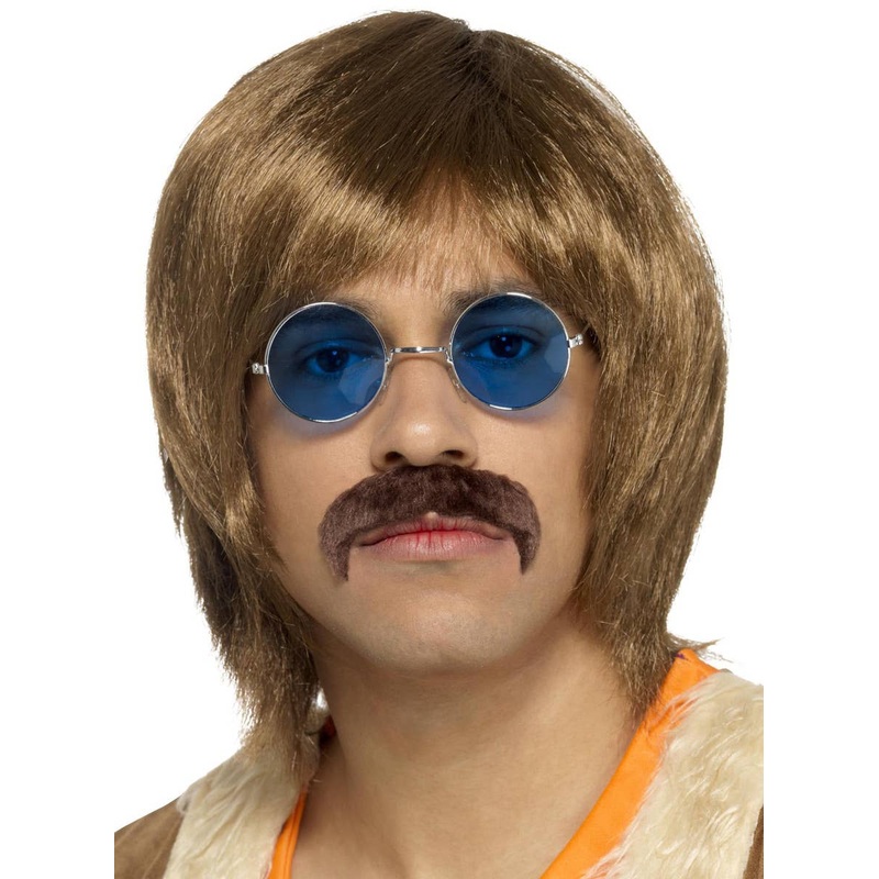 60s Hippie Mens Brown Wig and Moustache Set