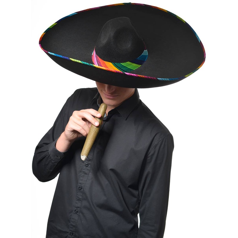 Black Large Mexican Sombrero Hat with Rainbow Trim