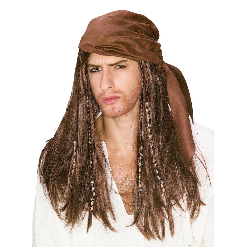 Caribbean Pirate Mens Long Brown Costume Wig With Bandanna