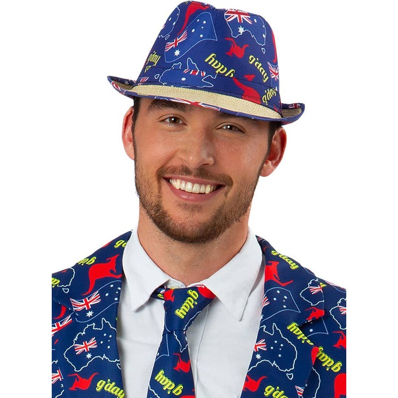 G'Day Blue Australian Print and Woven Straw Trilby Hat