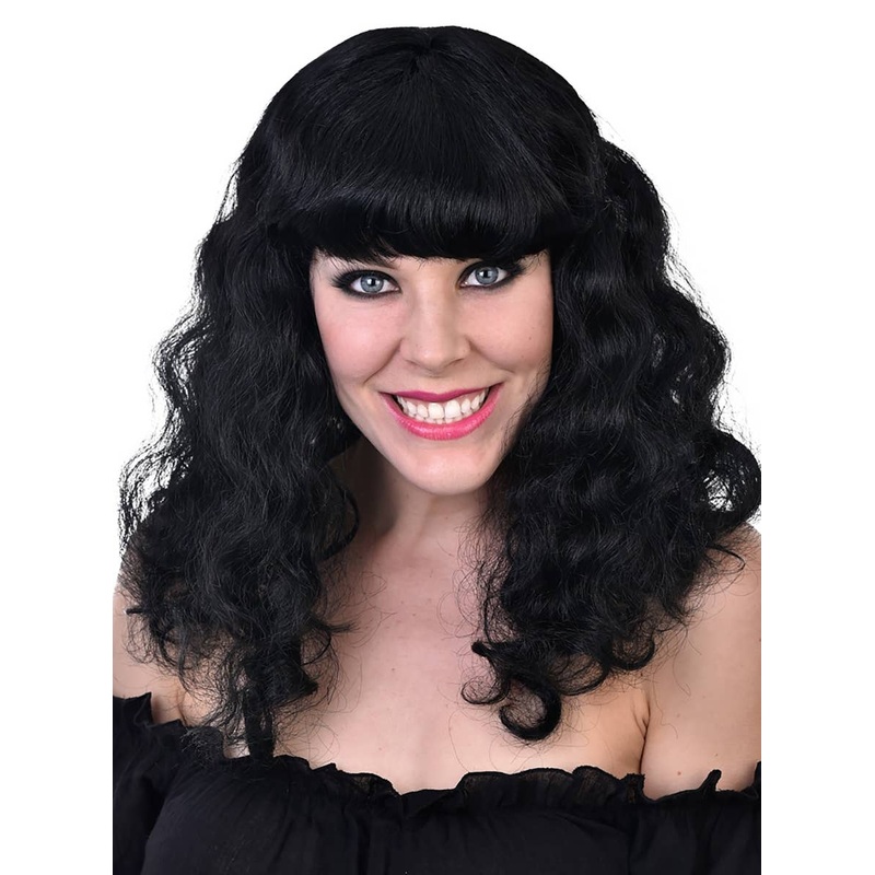 Katie Womens Long Black Curly Costume Wig With Fringe
