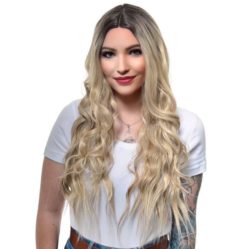 Long Two-Tone Blonde Rooted Beachy Waves Lace Part Fashion Wig