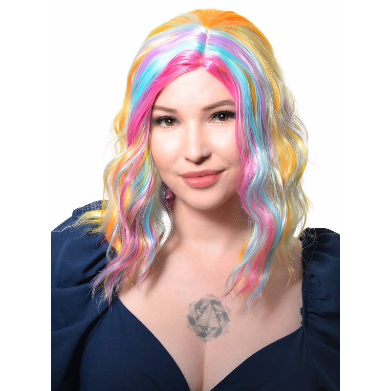 Pastel Rainbow Wavy Mid Length Womens Costume Wig