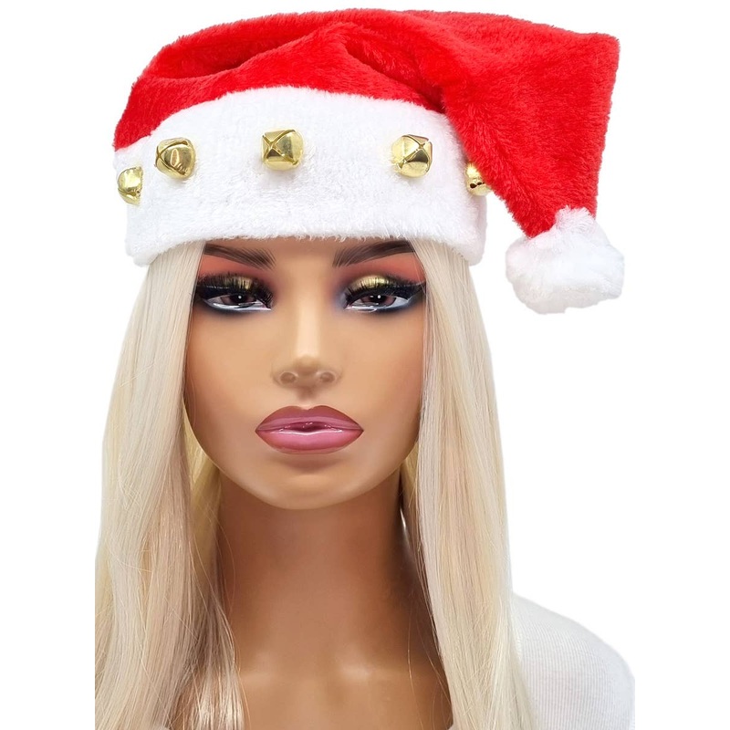 Plush Red Santa Hat with Gold Bells Christmas Accessory