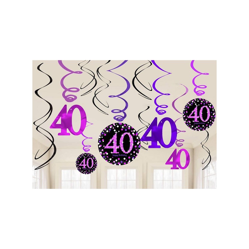 40th Birthday Pink and Black Hanging Spirals Decoration