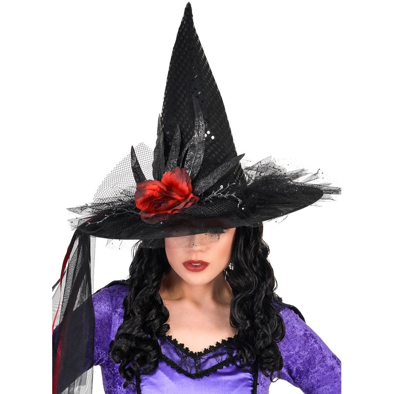 Elaborate Deluxe Black Sequinned Witch Hat with Feathers