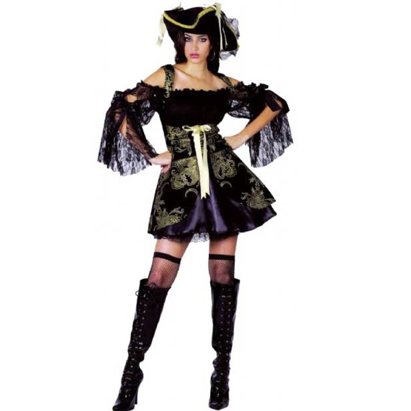 Pirate Wench Womens Black and Gold Fancy Dress Costume