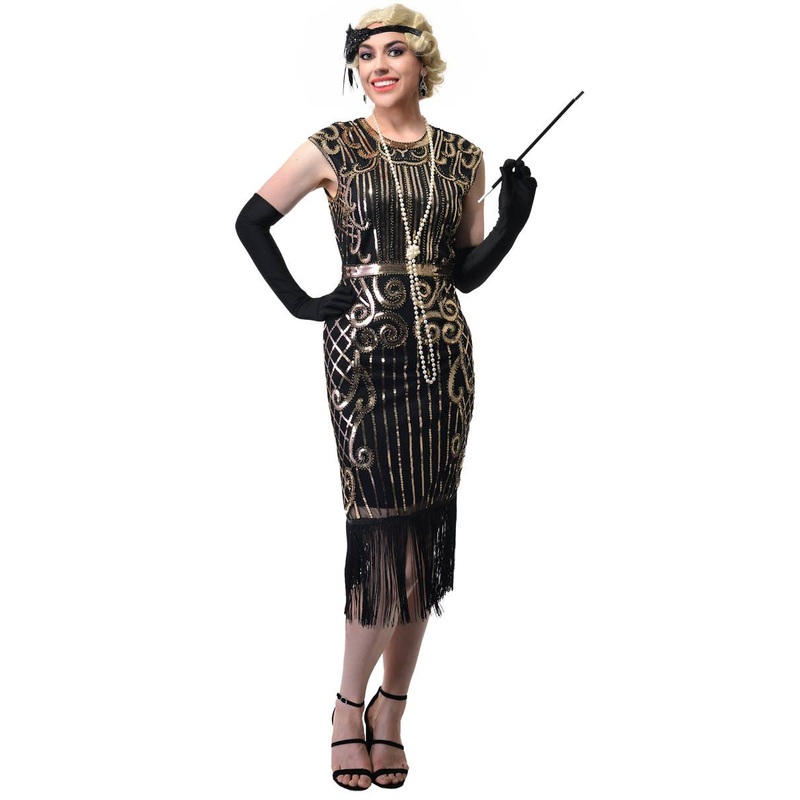 1920s Womens Long Black Flapper Dress with Gold Sequins