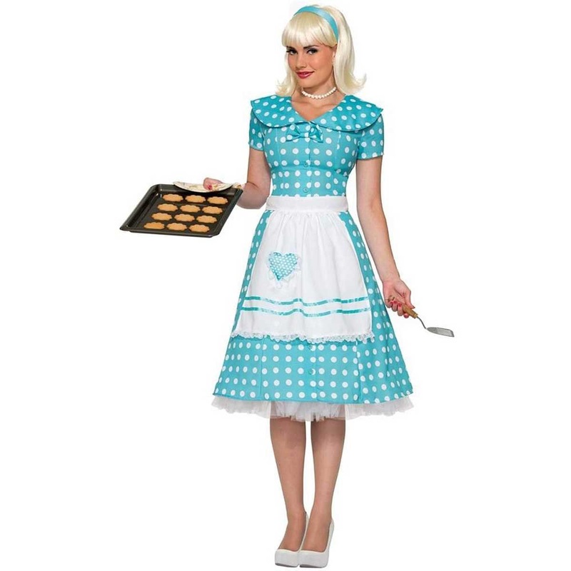 1950s Womens Blue Polka Dot Housewife Costume