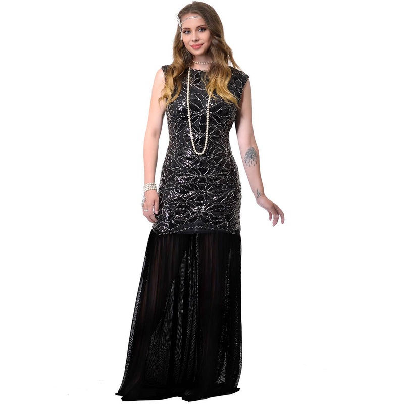 Long Black 1920s Womens Hollywood Gatsby Dress Costume