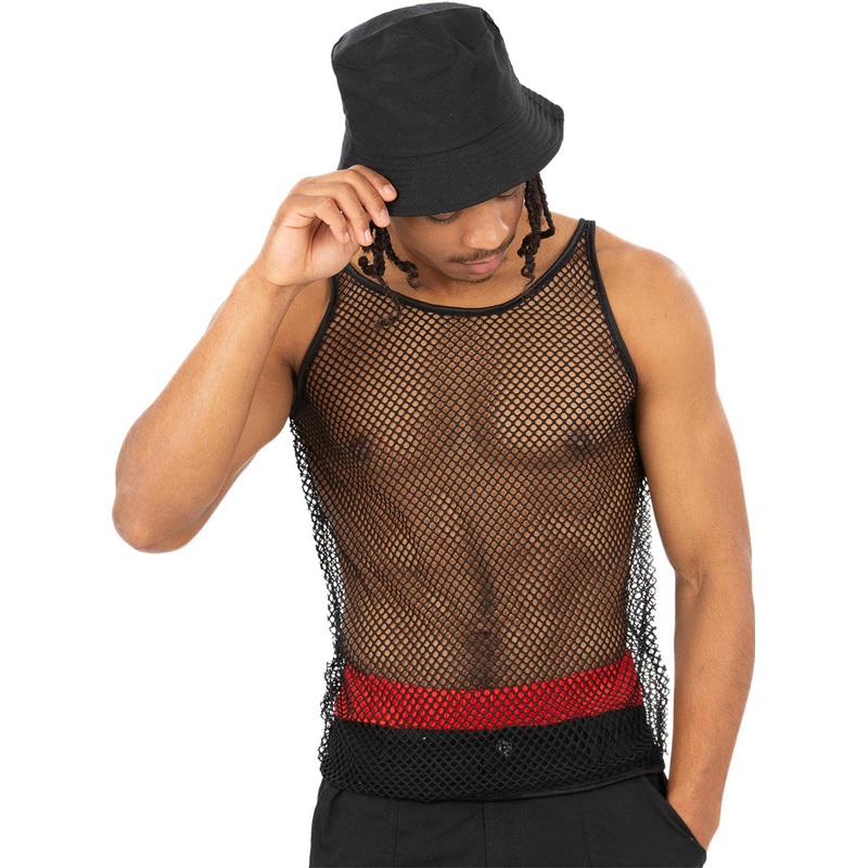 Mens 1990s Black Fish Net Tank Top