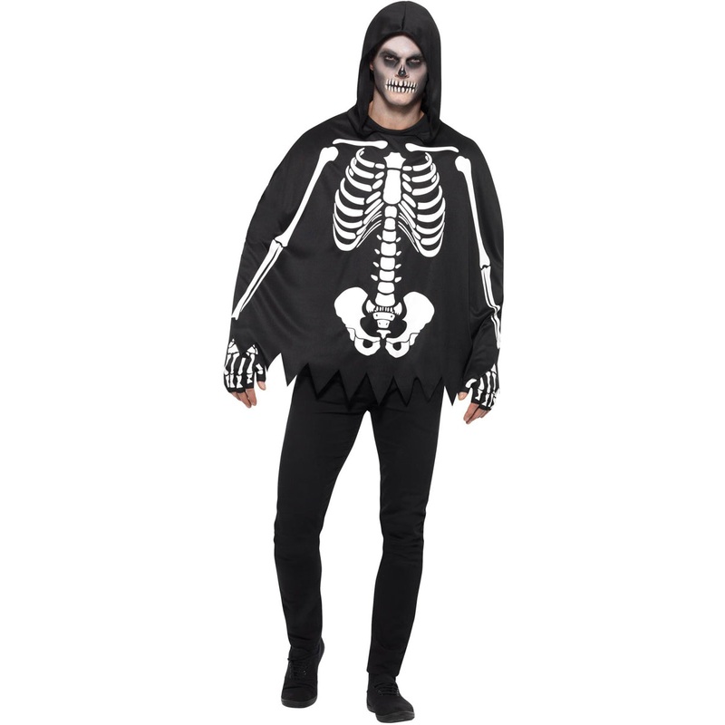 Skeleton Print Mens Halloween Costume Poncho And Gloves Set