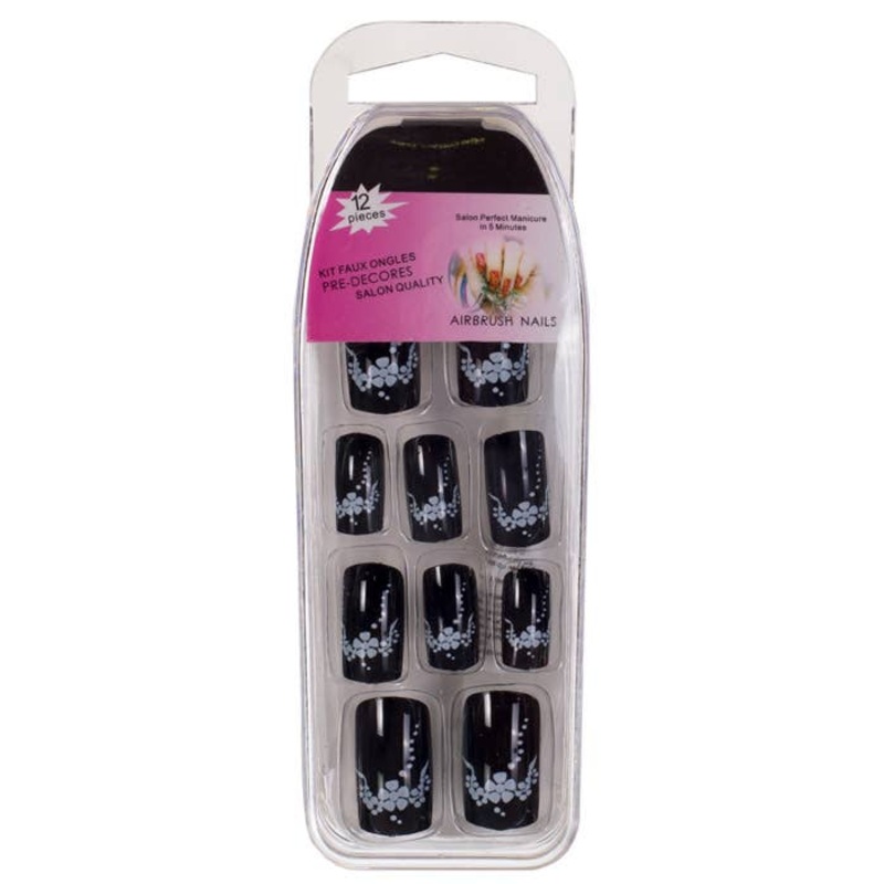 Black with White Flowers Fake Costume Nails