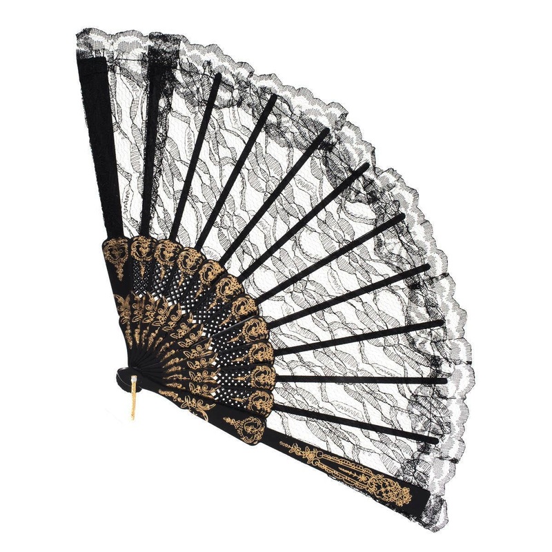 Fancy Black Lace Costume Fan with Gold Detail